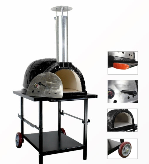 Pizza oven with steel cartPerfect For Baking SEB 26 inch ceramic wood fired pizza oven.Ceramic body diameter 66cmColor: Orange, Blue, Red, blackFuel:Lump Charcoal, woodWindow size 37*22cmSteel cart assembled size 92*73*74.5cm